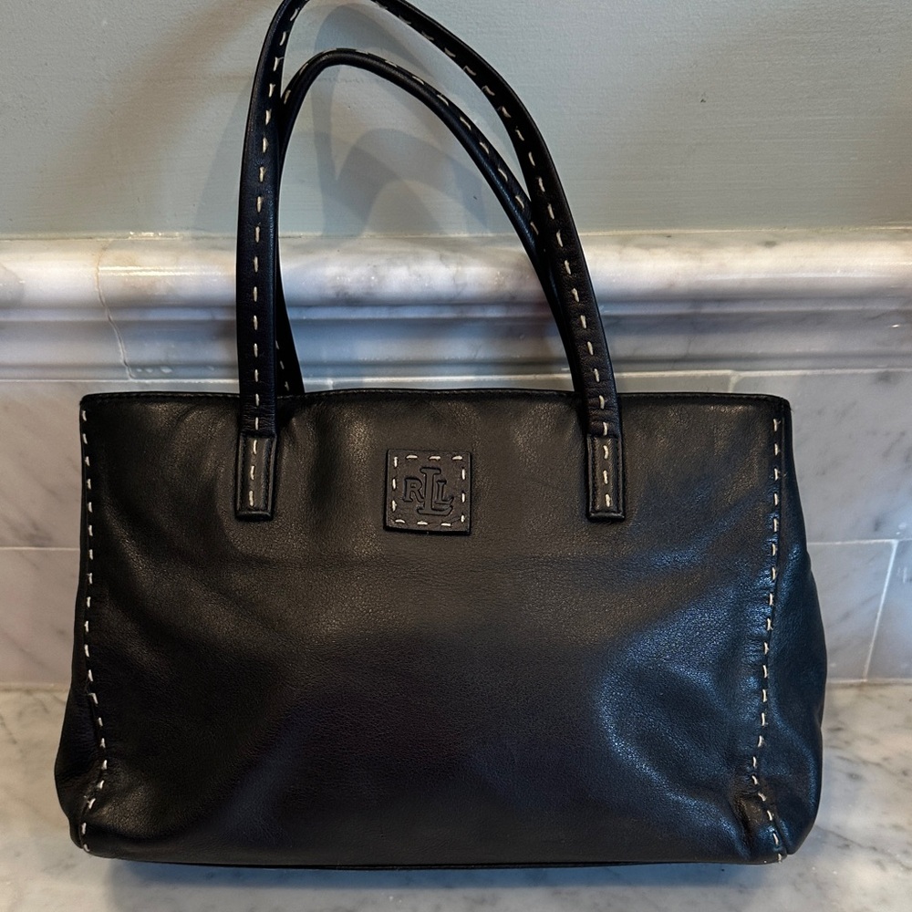 Ralph Lauren Black Leather Shoulder Tote with Contrast Stitching 11x7